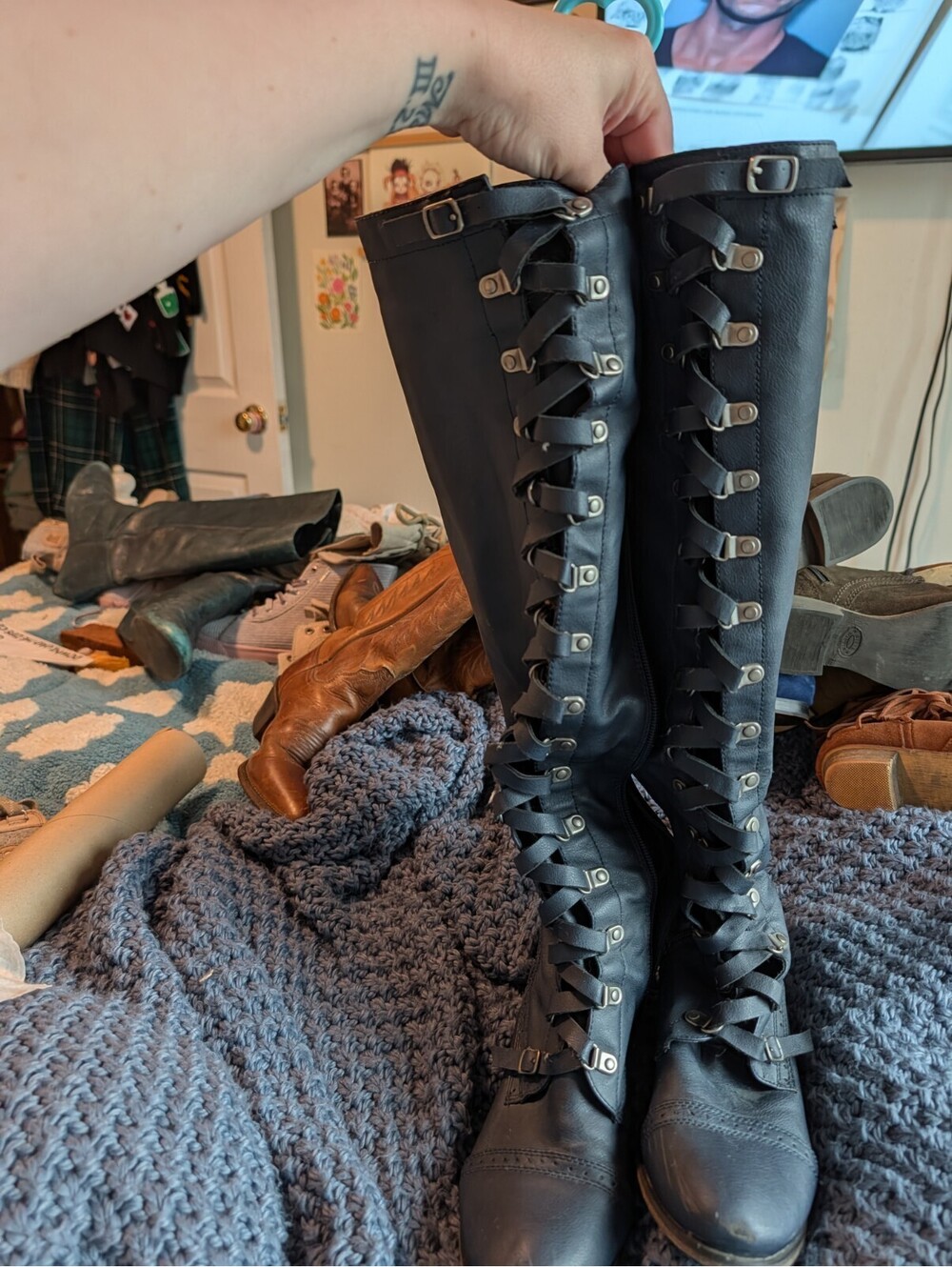 Breckelles Navy Blue Knee High Boots With Laces